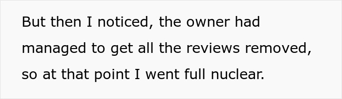 Text about owner removing reviews and going nuclear after restaurant scam