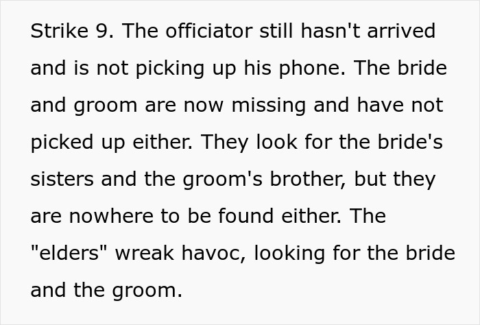 Text describing missing officiator and chaos searching for bride and groom