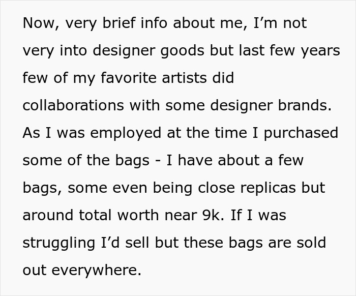 Text about designer bags and their value from a personal perspective