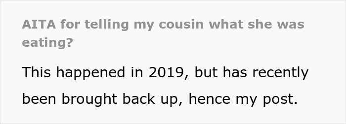 Text about telling cousin what she was eating in 2019 Text about telling cousin what she was eating in 2019