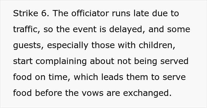 Text explaining wedding delay due to officiator running late and guests served food early