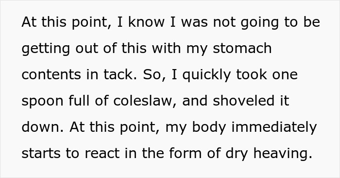 The kid immediately regrets testing a food issue after taking a spoon full of coleslaw, experiencing dry heaving.
