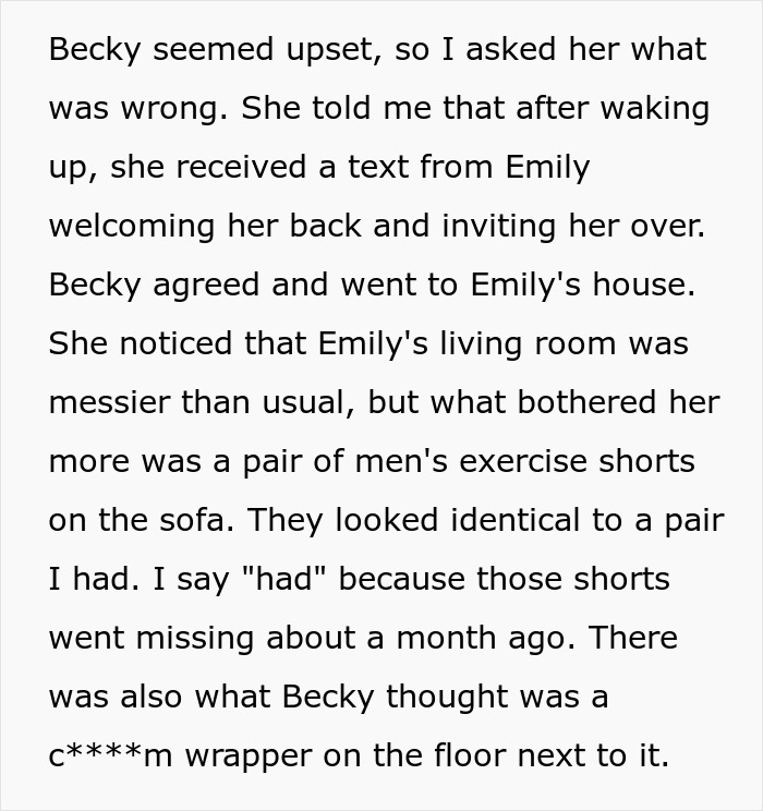 Text describing Becky's discovery of a staged intimacy scene by a creepy friend to steal her hubby.
