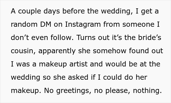 Text about receiving a wedding makeup request via Instagram DM