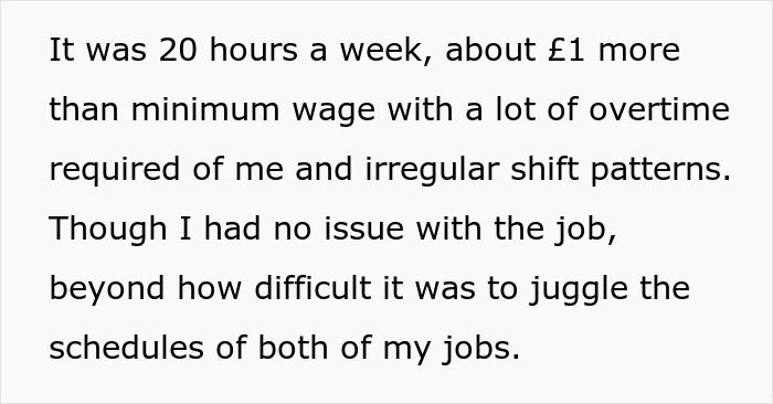 Fired guy gets revenge by exposing thieves and taking down company: description of job hours and pay.