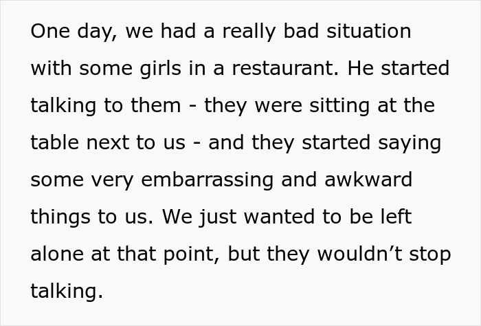 Screenshot of text describing an embarrassing situation with a talkative fiancé craving strangers attention in a restaurant. Screenshot of text describing an embarrassing situation with a talkative fiancé craving strangers attention in a restaurant.