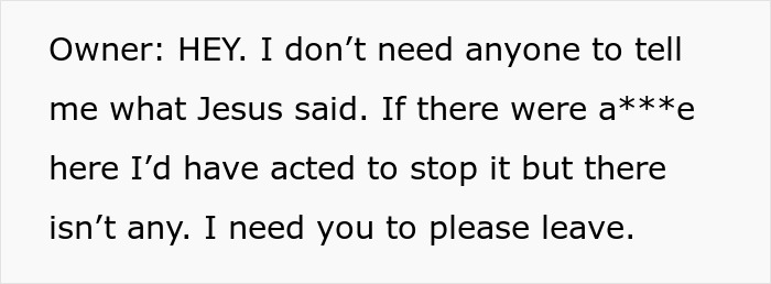 Text showing the owner telling religious fanatics to leave for disturbing a pregnant woman works in a pub.