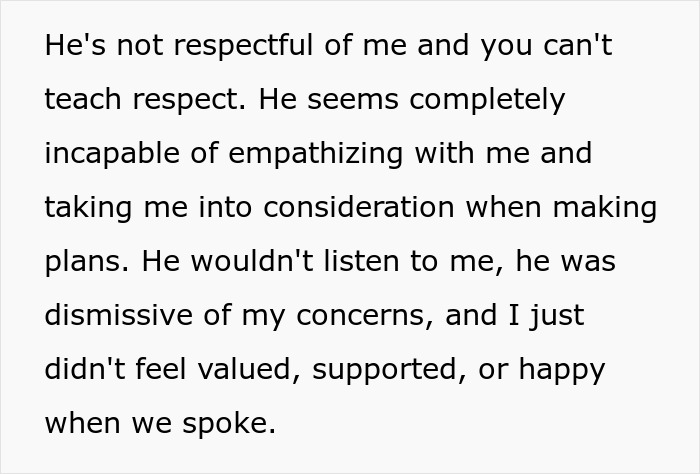 Screenshot of text discussing a toxic guy lacking respect and empathy, destroying a GF's life with jealousy.