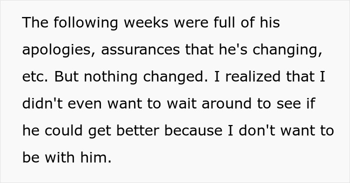 A text block describing a toxic guy's apologies and assurances of changing, which were empty promises.