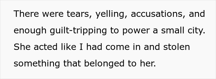 A screenshot of text about the mother-in-law's dramatic reaction, including tears and guilt-tripping.