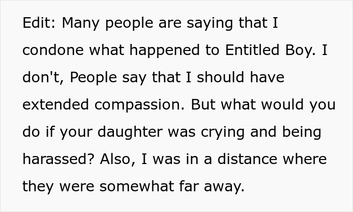 Text explaining why compassion wasn't extended to the bully. Parents refuse to take bully on beach trip. Text explaining why compassion wasn't extended to the bully. Parents refuse to take bully on beach trip.