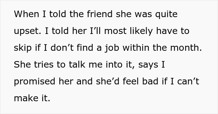 Text about friend upset when told she can't afford destination wedding