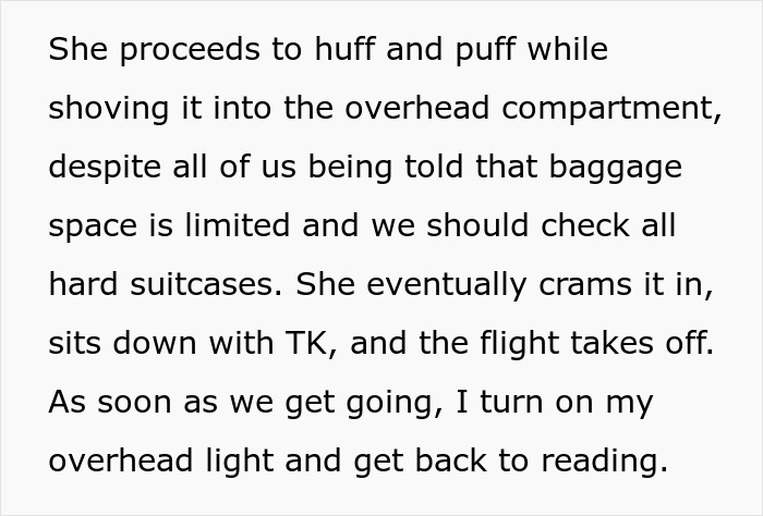 Woman huffs and puffs placing oversized suitcase in limited overhead baggage space Woman huffs and puffs placing oversized suitcase in limited overhead baggage space