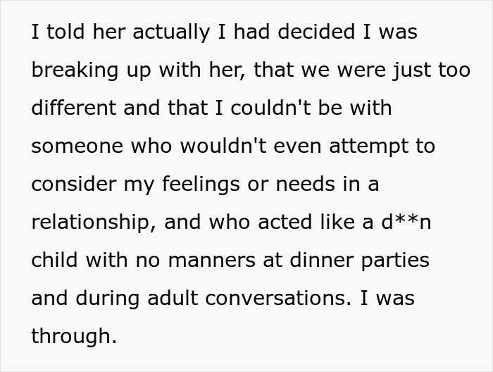A screenshot of text detailing the reasons for breaking up with the picky eater girlfriend. A screenshot of text detailing the reasons for breaking up with the picky eater girlfriend.
