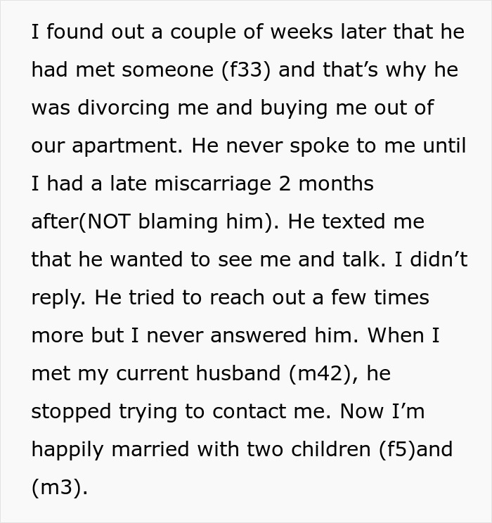 Screenshot of text about a miscarriage, a new relationship, and the ex-husband's final apology and inheritance.