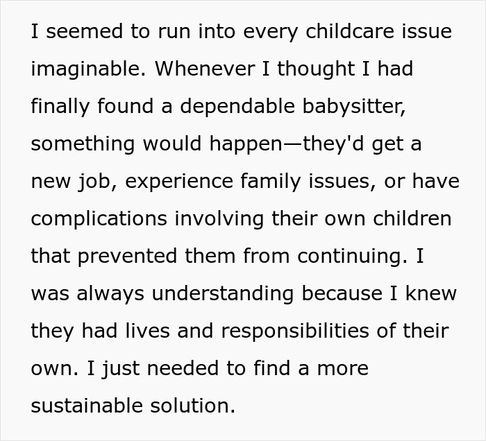 Text about difficulties finding sustainable babysitting solutions Text about difficulties finding sustainable babysitting solutions