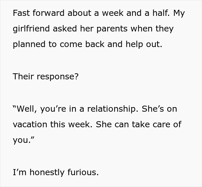 Text about girlfriend's parents refusing to help and saying girlfriend should take care