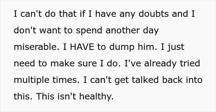 Screenshot of text about the decision to leave a toxic guy and his jealousy-fueled rules.