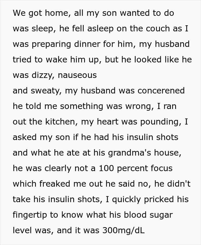 Text detailing a son's condition after not taking insulin, leading to high blood sugar and parents' concern.