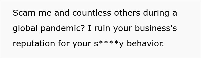 Text about ruining a business reputation for a restaurant scam during a global pandemic
