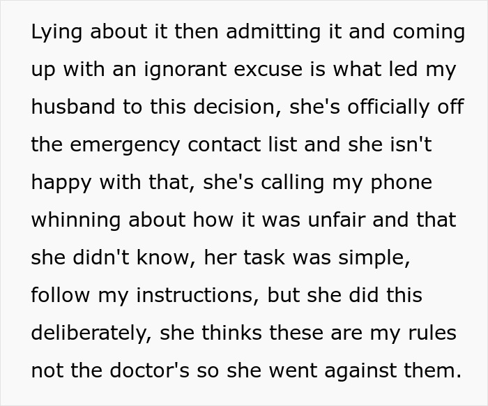 Text detailing the husband's decision to remove entitled MIL from emergency contacts after her insulin mistake.