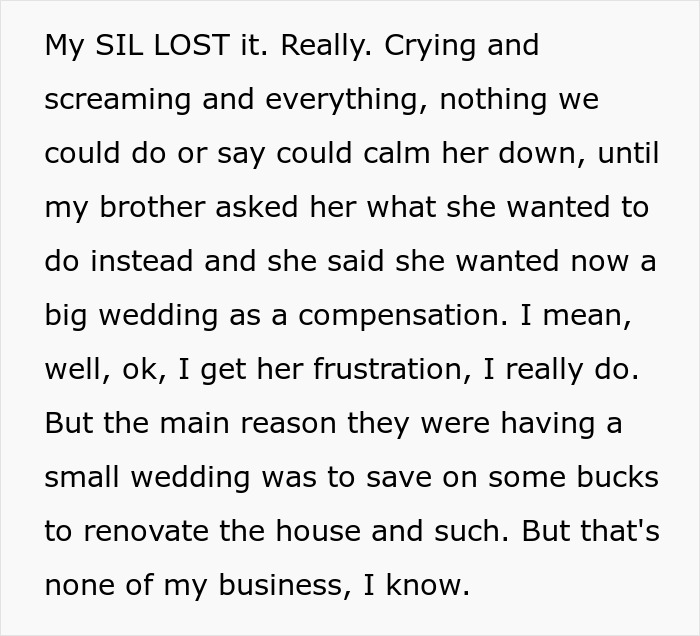 Text about SIL's frustration and demands for a big wedding compensation instead of small wedding