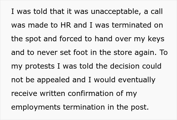 Text explaining an employee's termination without appeal, a pivotal moment before the unjustly fired person takes revenge.