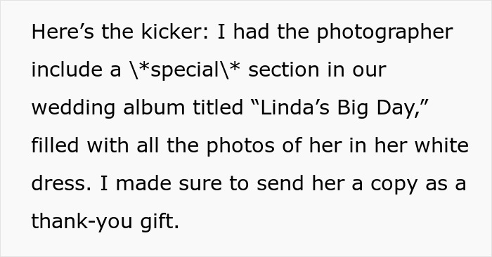 Bride created a special wedding album section titled Linda's Big Day, featuring MIL in white at son's wedding.
