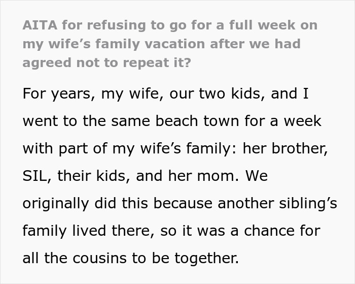 Screenshot of text about a husband refusing an annual family trip with in-laws after a prior agreement.