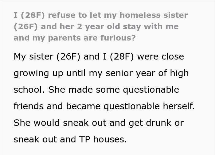 Text discussing refusal to let homeless sister stay, mentioning betrayal and family conflict
