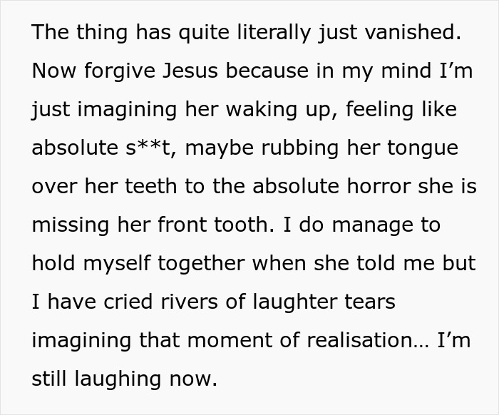 Text snippet describing the humor and horror of realizing a missing tooth after a bachelorette party with family drama. Text snippet describing the humor and horror of realizing a missing tooth after a bachelorette party with family drama.