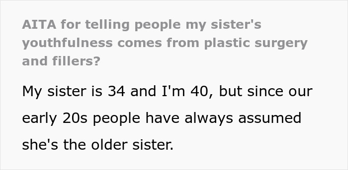 Text about sister's youthful appearance linked to plastic surgery and fillers Text about sister's youthful appearance linked to plastic surgery and fillers