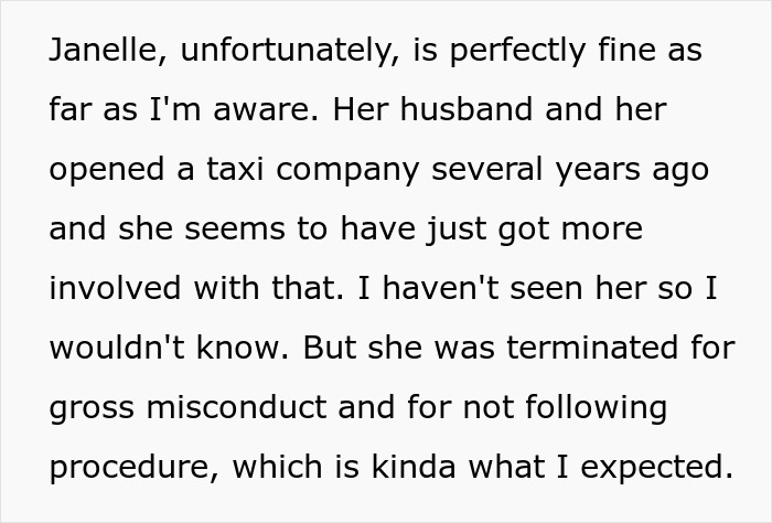 Text about Janelle being terminated for gross misconduct, linking to the story of a guy unjustly fired.