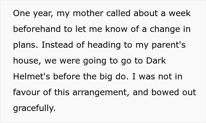 Mother changes plans to visit Dark Helmet before family party Mother changes plans to visit Dark Helmet before family party