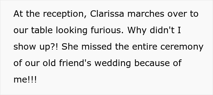 The selfish friend, furious, confronts the woman at the reception as part of the petty payback. The selfish friend, furious, confronts the woman at the reception as part of the petty payback.