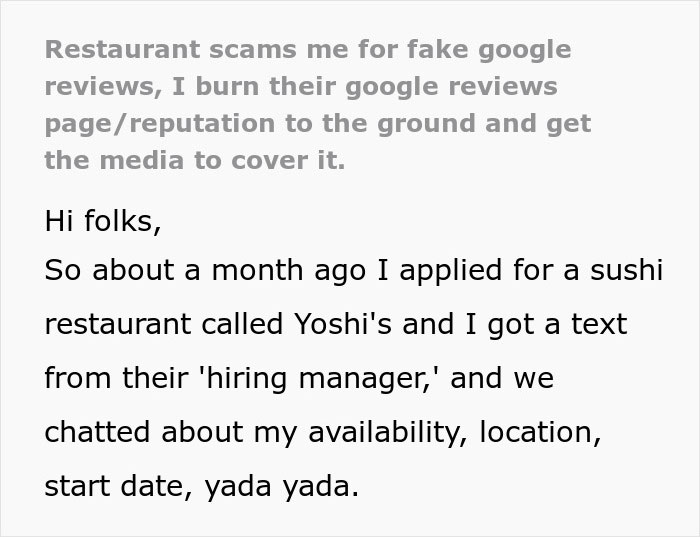 Screenshot of a text conversation describing how a restaurant uses potential employees for a scam involving fake reviews.
