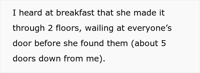 A woman's drunken tantrum over a honeymoon trip with her son at a hotel, wailing at guests' doors.