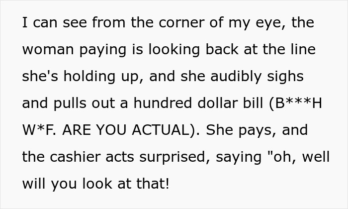 Text about a customer trying to guilt Walmart shoppers, then suddenly finding money to pay with a hundred-dollar bill. Text about a customer trying to guilt Walmart shoppers, then suddenly finding money to pay with a hundred-dollar bill.