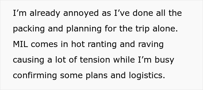Text discussing packing alone and MIL causing tension before a family vacation, aligning with Grandma throws a fit. Text discussing packing alone and MIL causing tension before a family vacation, aligning with Grandma throws a fit.