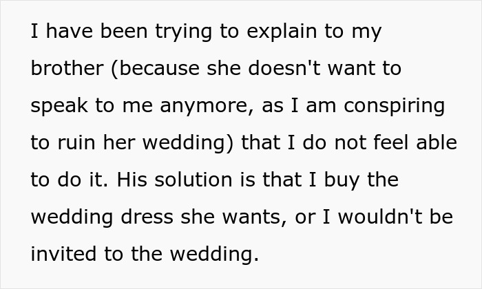 Brother's ultimatum over wedding dress and wedding invitation conflict