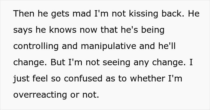 A screenshot of text about a toxic guy's manipulative behavior and jealousy, leaving his girlfriend confused.