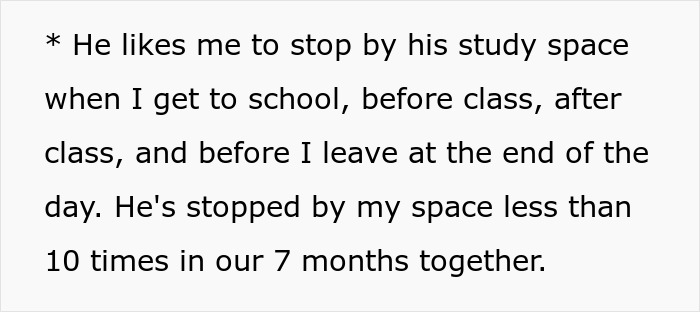Text detailing a toxic guy's jealousy, demanding his GF visit his study space, showcasing his controlling rules.