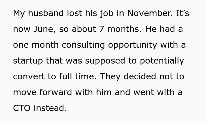 Explanation of husband's seven-month unemployment and lost consulting opportunity Explanation of husband's seven-month unemployment and lost consulting opportunity