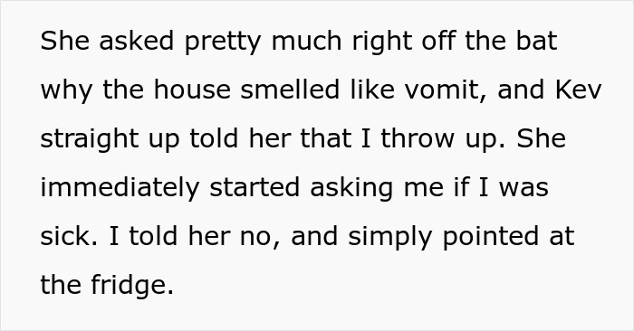 Mom asks about the vomit smell, and the boyfriend reveals the kid's food issue, pointing to the fridge.