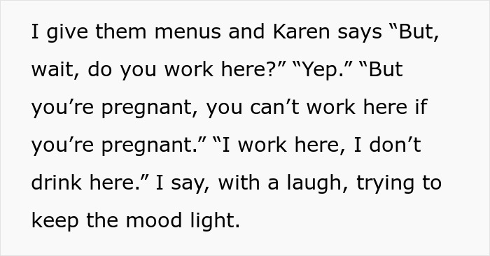 A pregnant woman working in a pub, responding to a customer's question about her working while pregnant.
