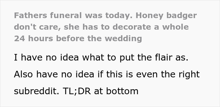 Text excerpt about decorating before wedding during father's funeral service Text excerpt about decorating before wedding during father's funeral service