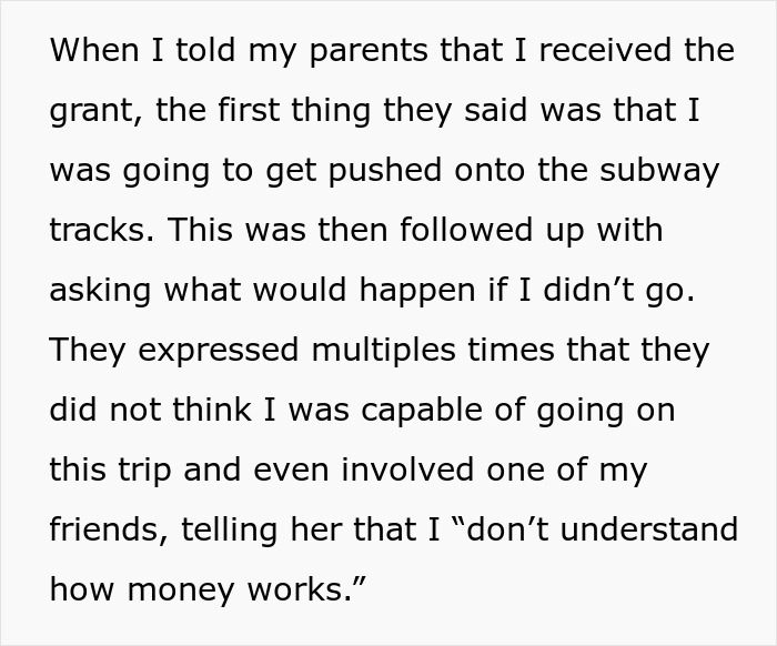20YO Gets $4K Grant To Go On NYC Research Trip, Worried Parents Threaten To Cut Her Off 20YO Gets $4K Grant To Go On NYC Research Trip, Worried Parents Threaten To Cut Her Off