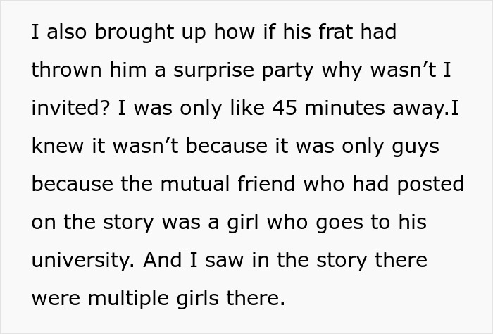 Text about boyfriend pinata relationship and surprise party exclusion Text about boyfriend pinata relationship and surprise party exclusion