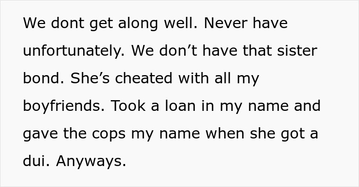 Text detailing strained sister relationship with incidents Text detailing strained sister relationship with incidents