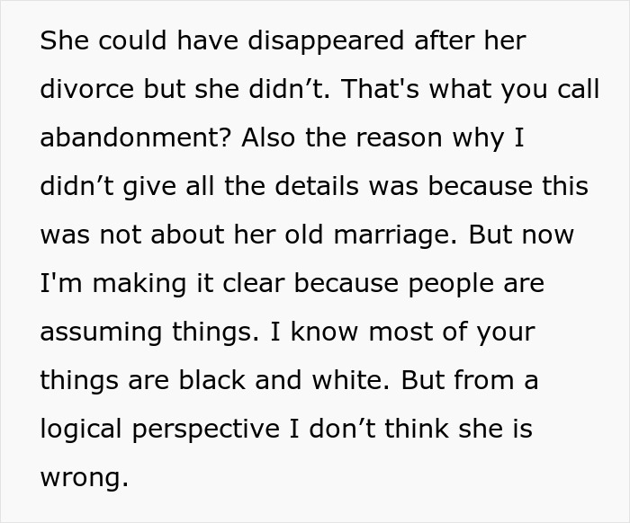 Text explaining why the ex-wife did not abandon her husband after his accident, showcasing her continued presence.